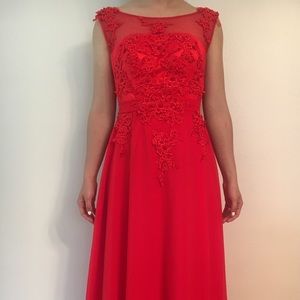 Red prom dress with lacy bodice